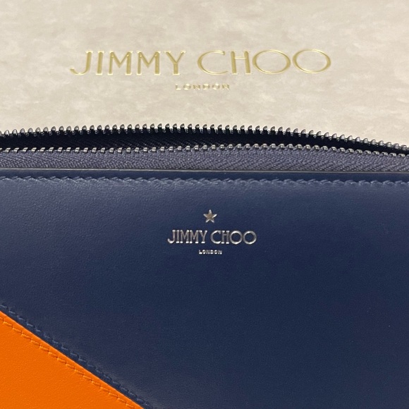 Like New Unisex Jimmy Choo Zip-around Leather Continental Wallet In Navy/Orange - Picture 11 of 14